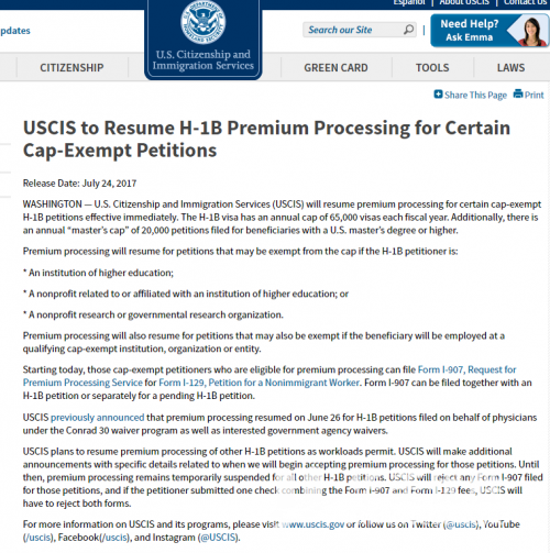 美国允许部分H-1B签证可恢复加急申请 意味其他H-1B签证获批时间更久