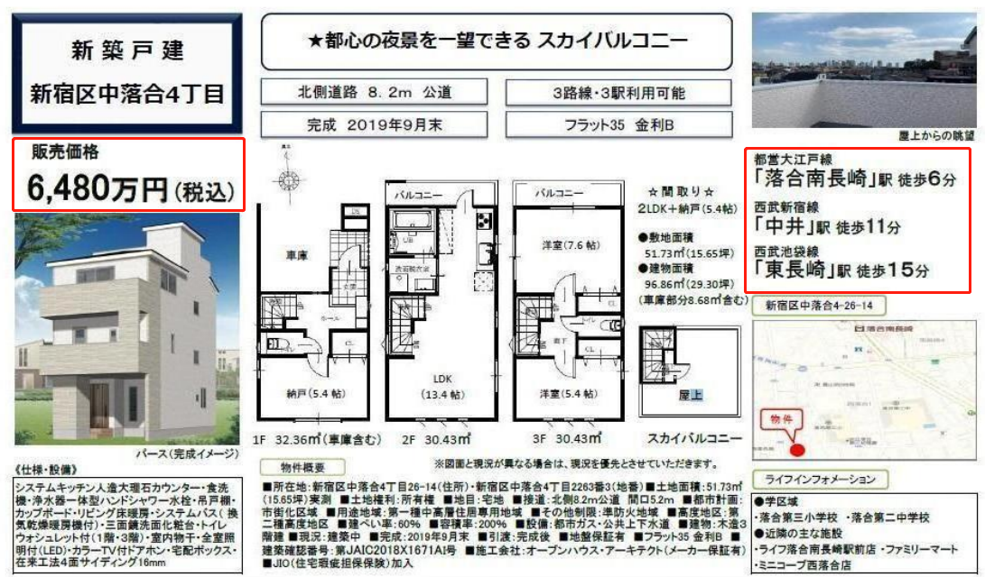 东京 新宿区 全新一户建 96平米 6480万日元